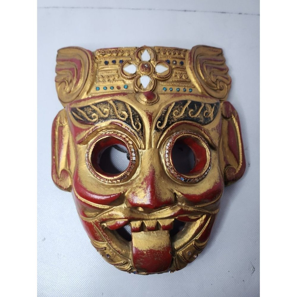 Vintage Thailand Hand Carved Wood Ceremonial Mask Embellished Wall Hanging Decor